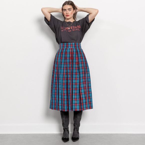 Vintage Dresses & Skirts - VINTAGE 90s Blue Red Plaid Midi Skirt Deadstock‎ Holiday Christmas Size 8 New